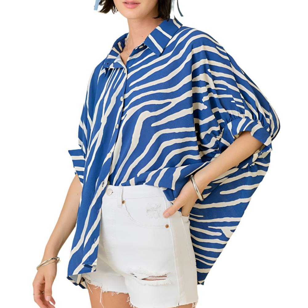 Oversize Zebra Print Button Down Top WOMEN - Clothing - Tops - Short Sleeved Day + Moon   