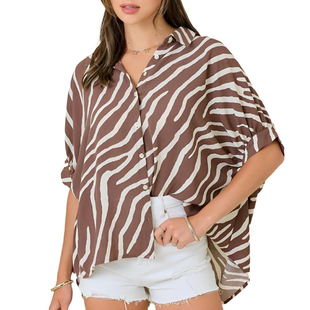 Oversize Zebra Print Button Down Top WOMEN - Clothing - Tops - Short Sleeved Day + Moon   