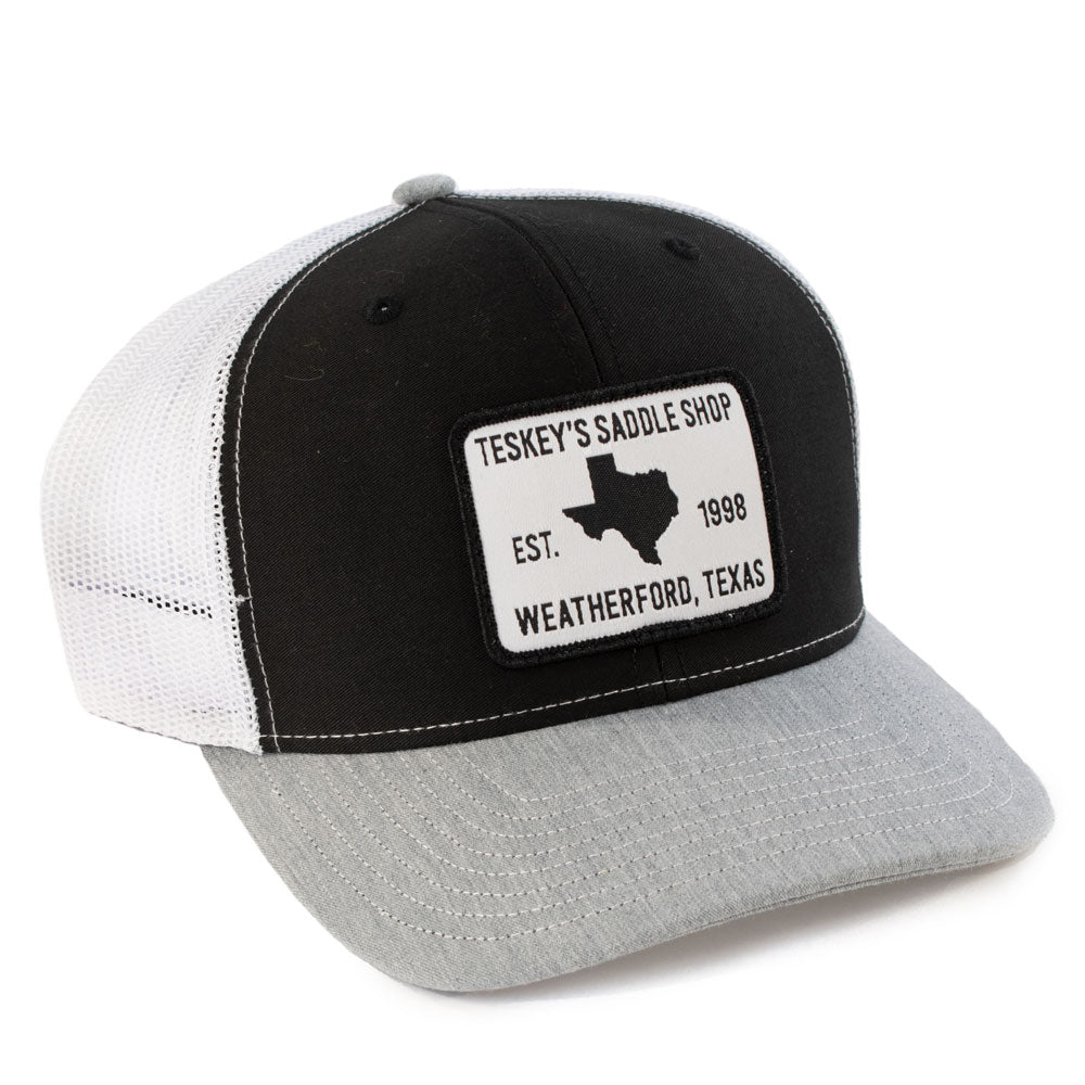 Teskey's 98 Saddle Shop Logo Cap - Black/White/Heather Grey — Teskeys