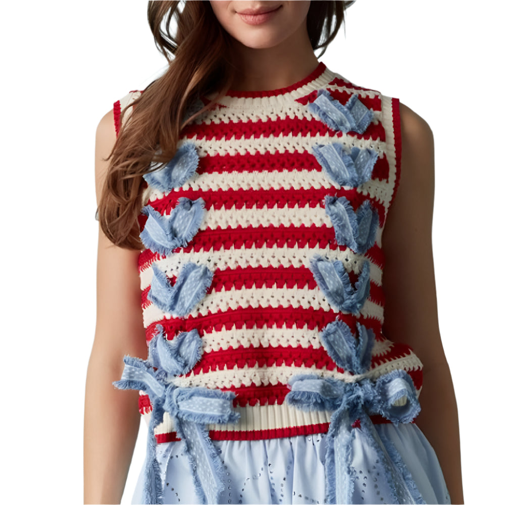 Striped Denim Lace Trim Top