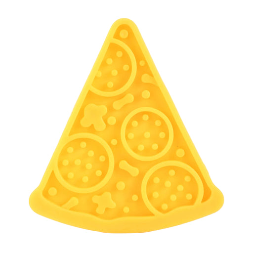 Yellow pizza-shaped canine lick pad with a white background