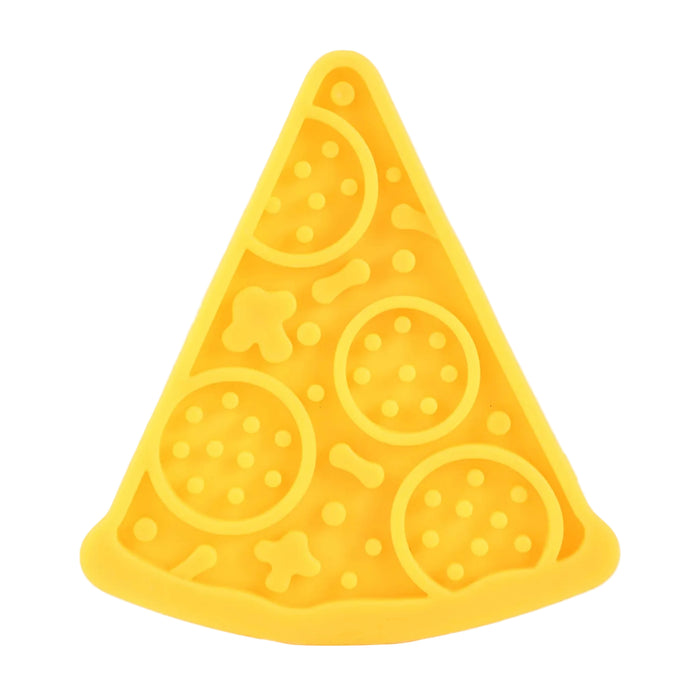 Yellow pizza-shaped canine lick pad with a white background