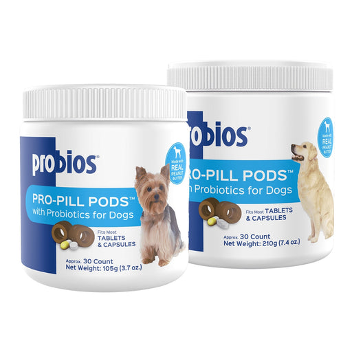 Two containers of Probios Pro-Pill Pods for dogs on a white background