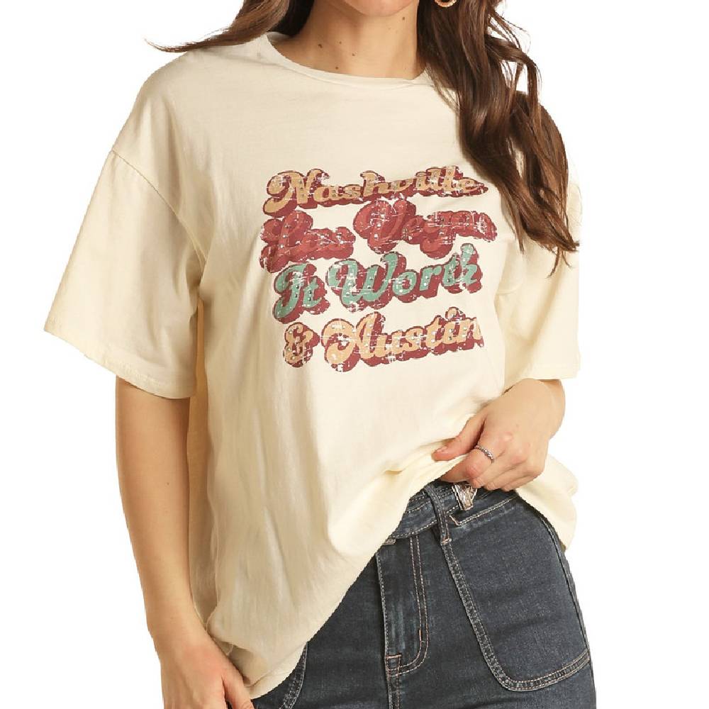 Rock & Roll Denim Graphic Rhinestone Tee - FINAL SALE WOMEN - Clothing - Tops - Short Sleeved Panhandle   