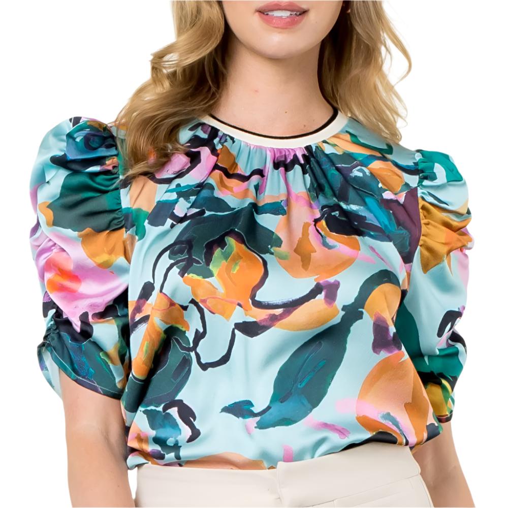 Ruched Abstract Floral Print Blouse WOMEN - Clothing - Tops - Short Sleeved THML Clothing   