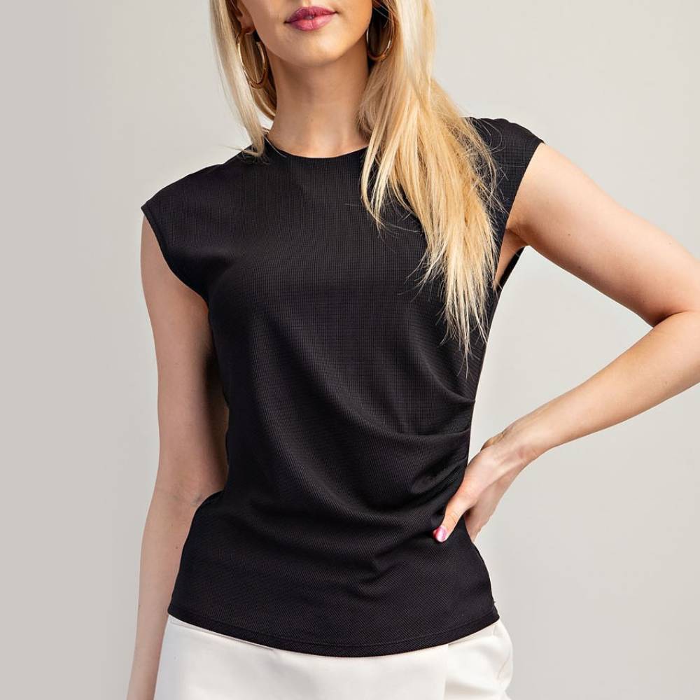 Ruched Round Neck Blouse WOMEN - Clothing - Tops - Short Sleeved Glam   
