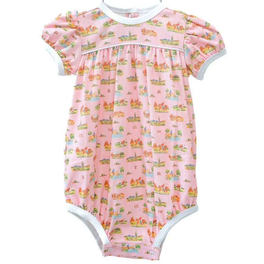 Ruth and Ralph Pink Cowgirl Toile Pima Hallie Bubble Romper