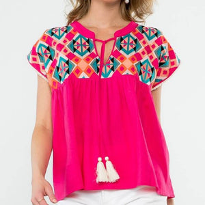Embroidered Tassel Tie Top - Hot Pink WOMEN - Clothing - Tops - Sleeveless THML Clothing   