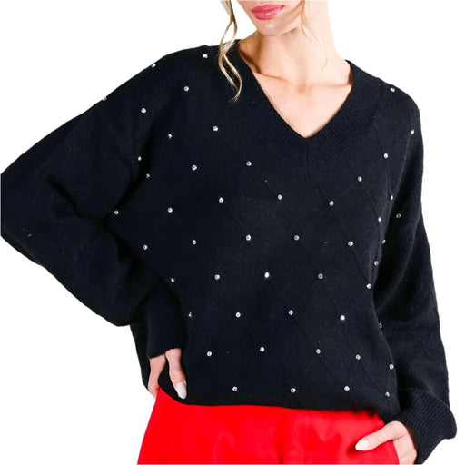 * V-Neck Rhinestone Sweater - FINAL SALE *Size S WOMEN - Clothing - Sweaters & Cardigans Vine & Love