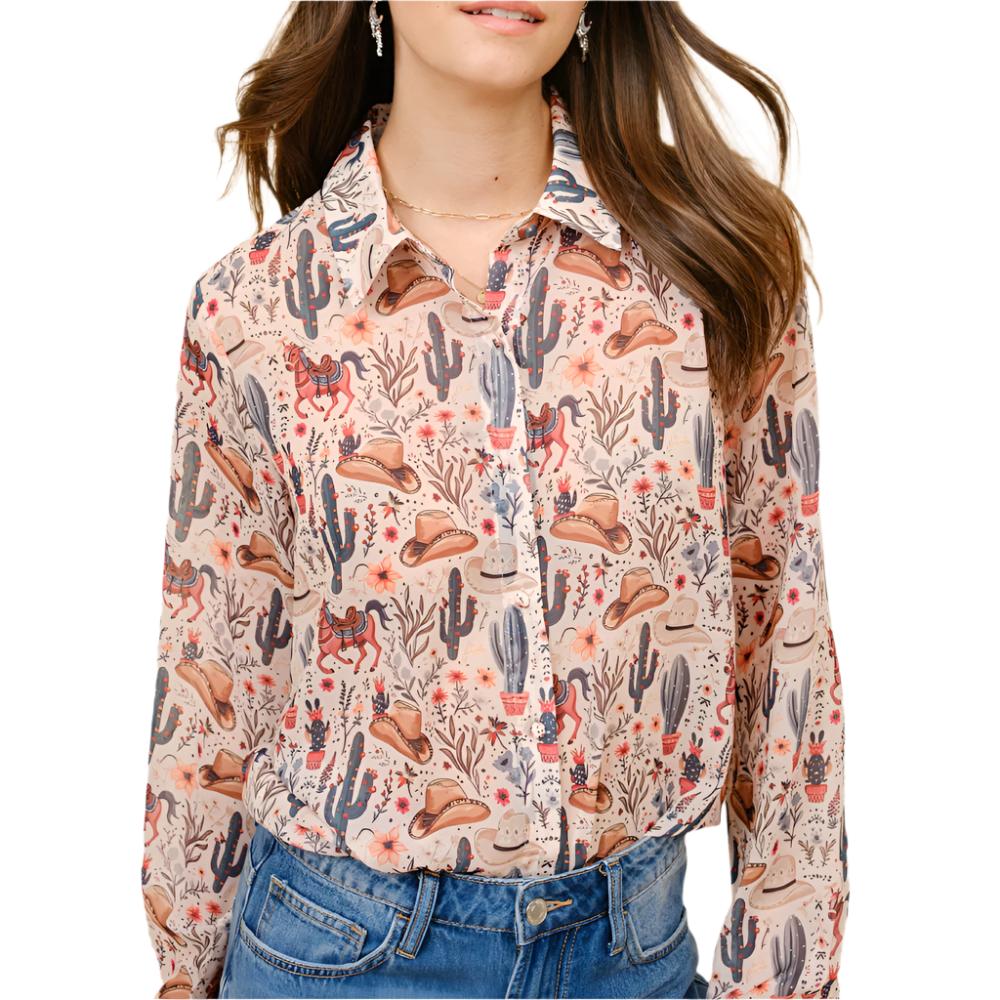 Western Print Chiffon Blouse WOMEN - Clothing - Tops - Long Sleeved Blue B   