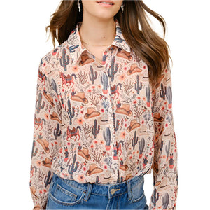 Western Print Chiffon Blouse WOMEN - Clothing - Tops - Long Sleeved Blue B   