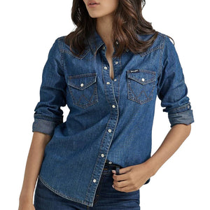 Wrangler Women's Dark Denim Snap Shirt WOMEN - Clothing - Tops - Long Sleeved Wrangler   