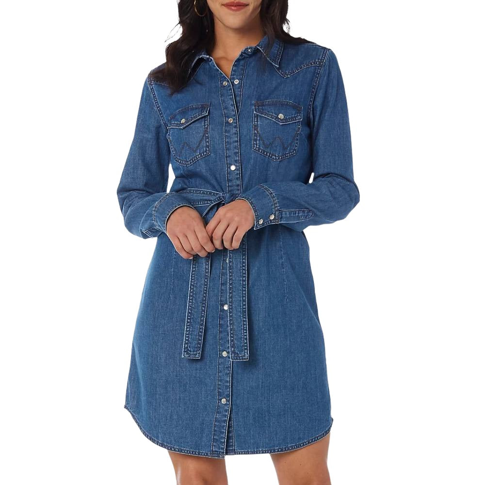 Wrangler Women's Western Snap Long-Sleeve Denim Dress, Mid Denim