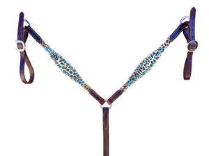 Teskey's Chocolate Shaped Exotic Print Breast Collar w/ Buck Stitch Tack - Breast Collars Teskeys Turquoise  