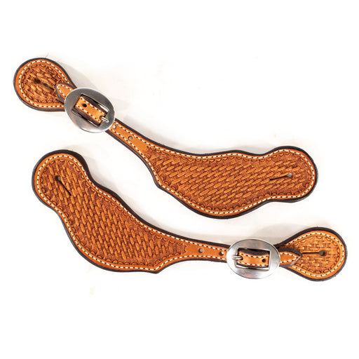 Teskey's Basket Weave Spur Straps with Shell Border & White Stitching Tack - Spur Straps Teskey's Light Oil  