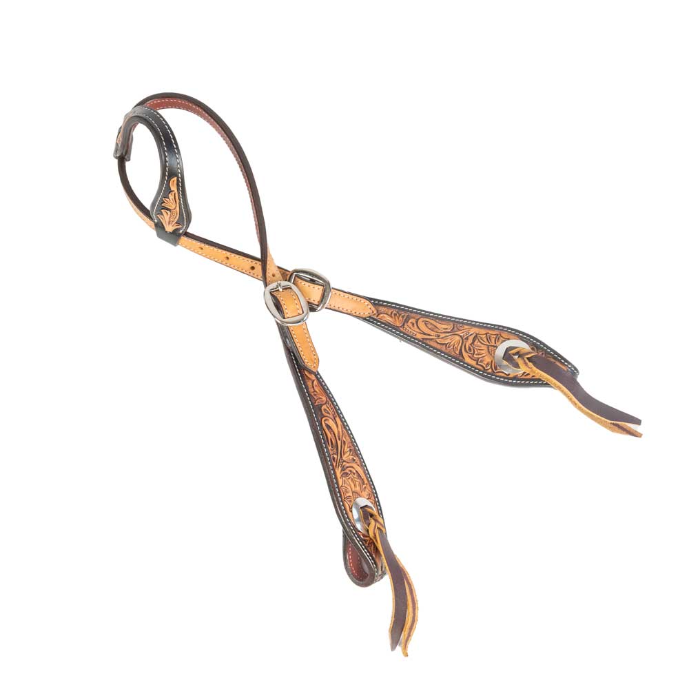 Showman ® One ear headstall with cut out filigree tooling accented teal painted tooled flower.