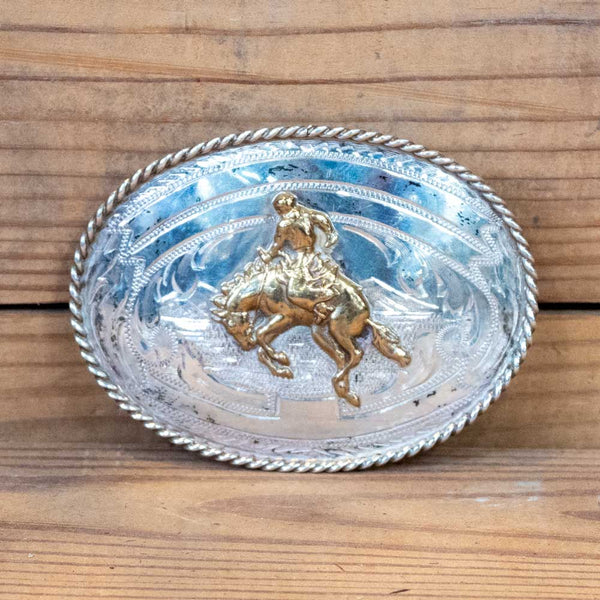 Vintage Silversmith Bucking Bronco Belt Buckle with Leather and Cow Hide popular Belt