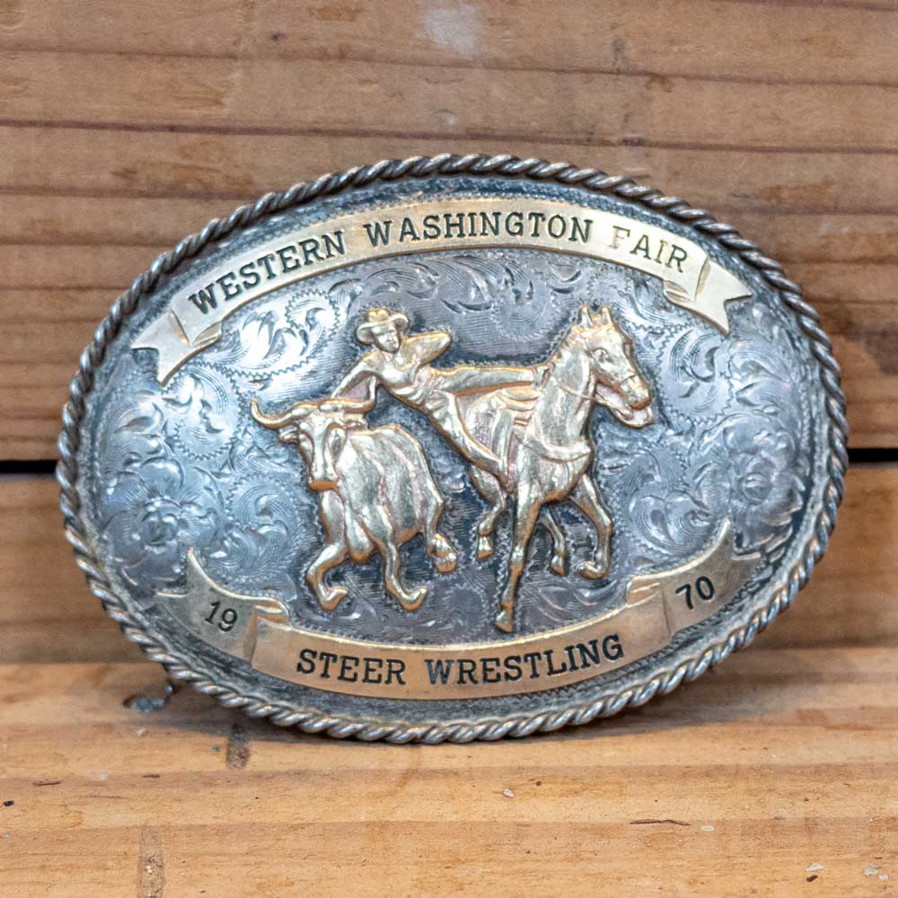 1970 Western Washington Fair Steer Wrestling Belt Buckle _C366 ACCESSORIES - Additional Accessories - Buckles Teskey's   