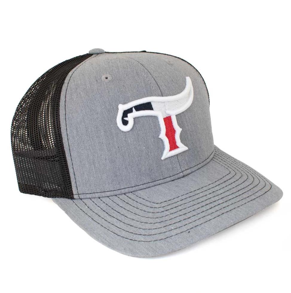 Teskey's T Logo Cap - Heather Grey/Black, Texas Flag/White Logo TESKEY'S GEAR - Baseball Caps RICHARDSON   