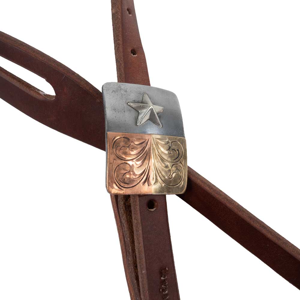 Cowperson Tack Slip Ear Headstall with Rusted Steel Buckle and Silver Stripes