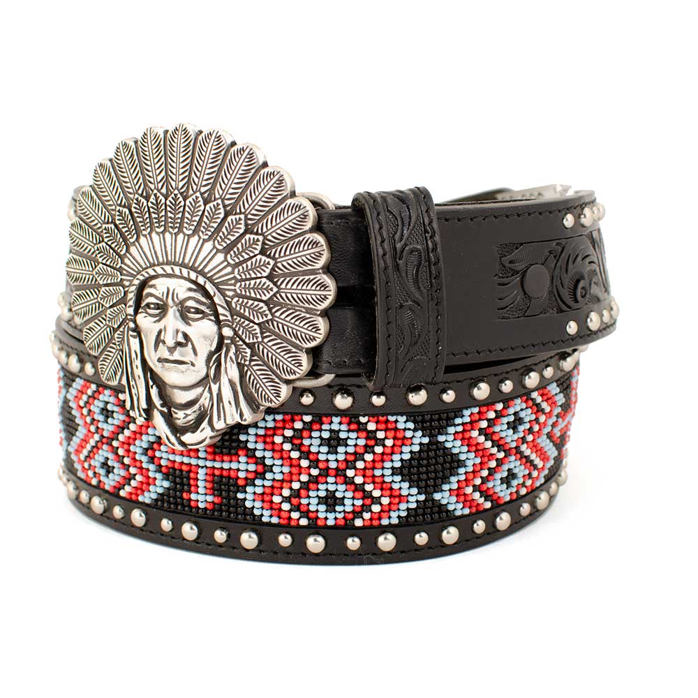 Indian Head Buckle On Beaded Belt