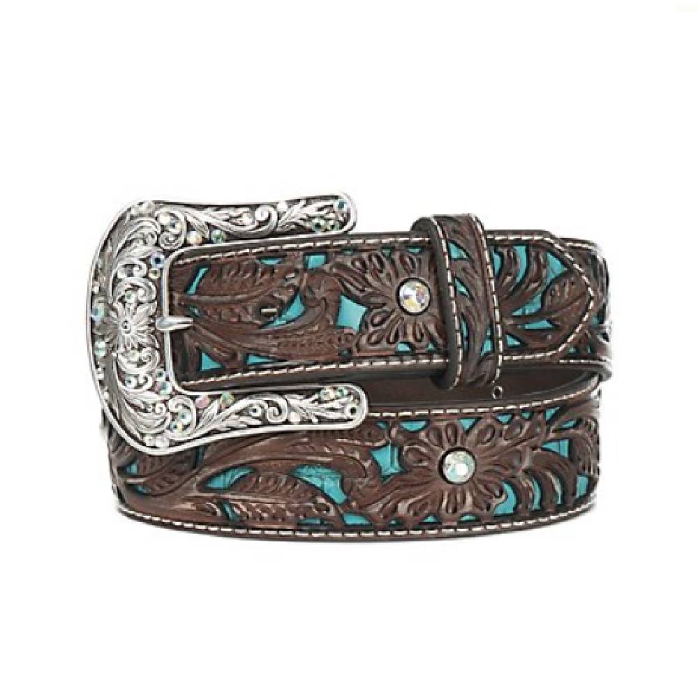 Ariat Women's Tooled Turquoise Leather Inlay Belt Brown Medium