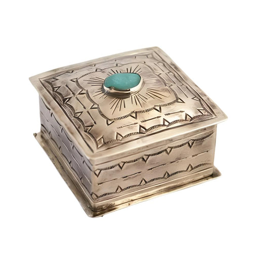 J. Alexander Small Stamped Box w/ Turquoise HOME & GIFTS - Home Decor - Decorative Accents J. Alexander Rustic Silver   