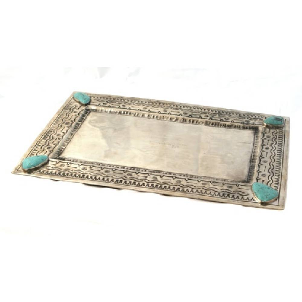 J. Alexander Large Stamped Tray w/ Turquoise HOME & GIFTS - Home Decor J. Alexander Rustic Silver   