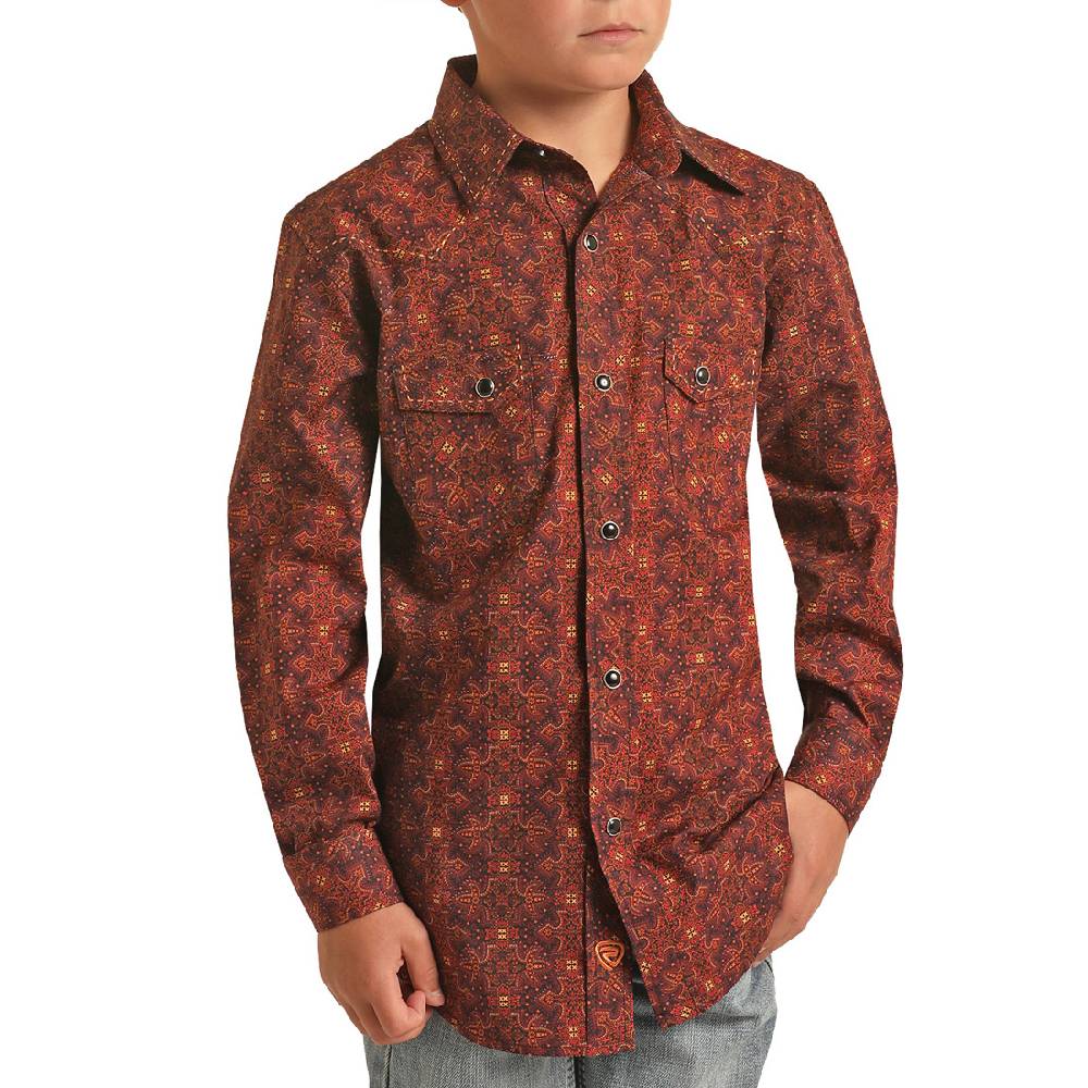 Rock & Roll Denim Boy's Medallion Print Snap Shirt KIDS - Boys - Clothing - Shirts - Long Sleeve Shirts Panhandle   