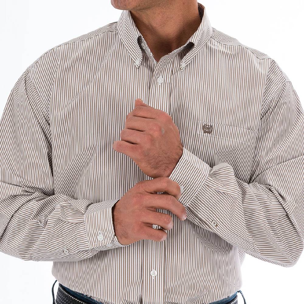 Cinch Stripe Khaki Button Down Shirt MEN - Clothing - Shirts - Long Sleeve Shirts Cinch   