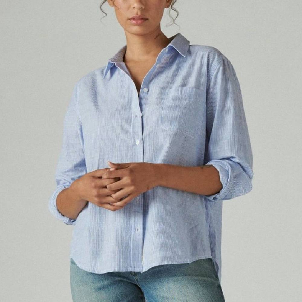 Lucky Brand Linen Short Sleeve Multi Stripe Button-Up Shirt