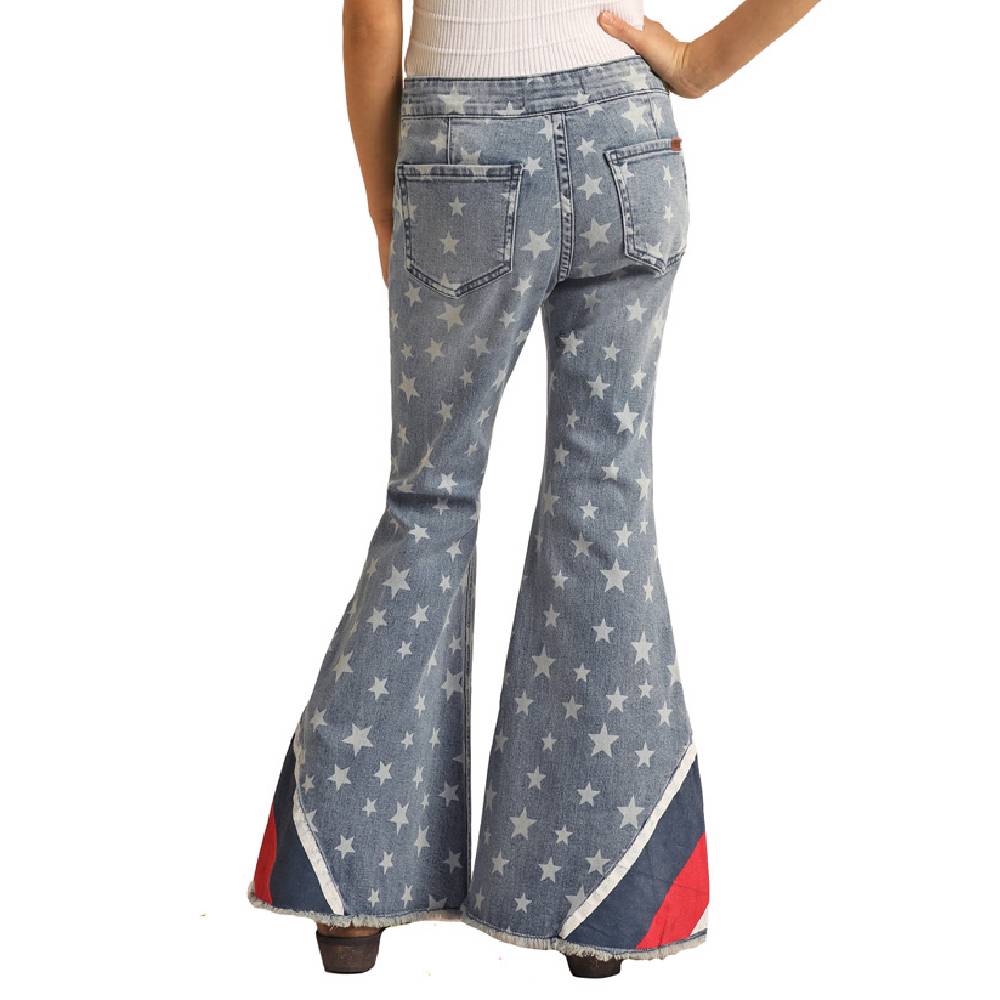 Rock & Roll Denim Girls' Star Print Striped Panel Medium Wash Flare Jeans
