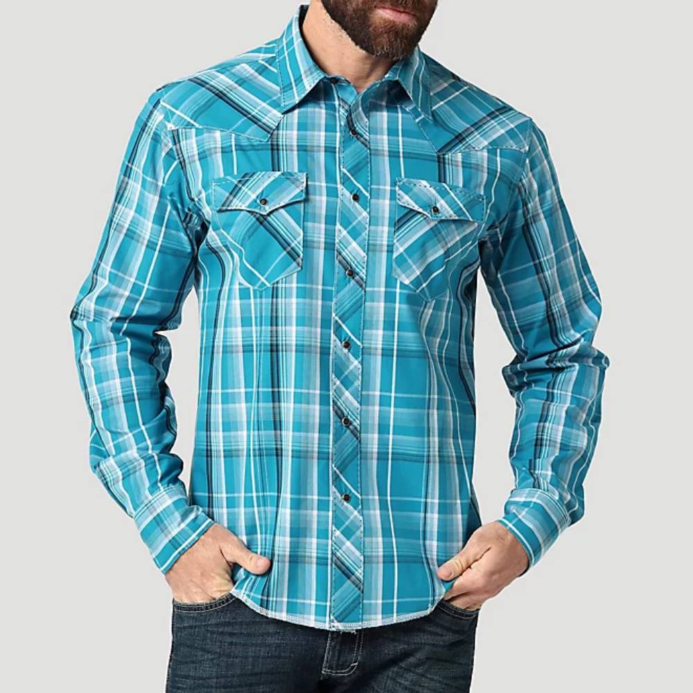 Wrangler Teal Plaid Snap Shirt MEN - Clothing - Shirts - Long Sleeve Shirts WRANGLER   