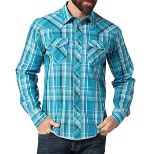 Wrangler Teal Plaid Snap Shirt - FINAL SALE MEN - Clothing - Shirts - Long Sleeve Shirts Wrangler   