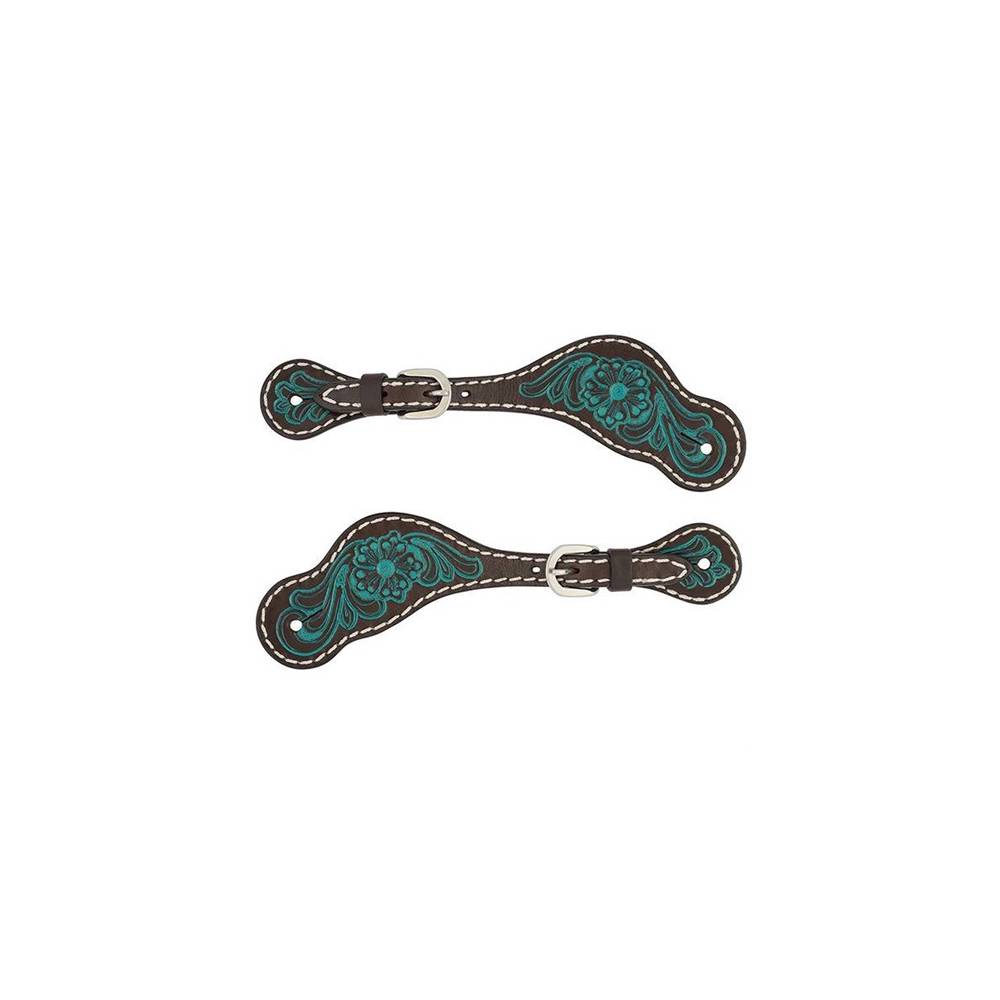 Weaver Turquoise Cross Carved Turquoise Flower Ladies Spur Straps Tack - Bits, Spurs & Curbs - Spur Straps Weaver Leather   
