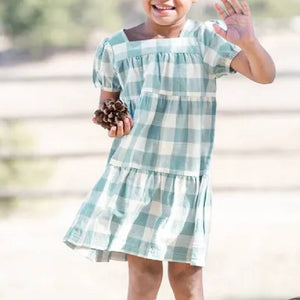 Ruffle Butts Blue Plaid Puff Sleeve Tier Dress KIDS - Baby - Baby Girl Clothing RUFFLE BUTTS/RUGGED BUTTS   