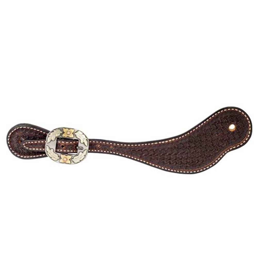 Youth Rosewood Leather Spider Stamp Cowboy Spur Straps with Texas Buckle Tack - Bits, Spurs & Curbs - Spur Straps COWBOY TACK   