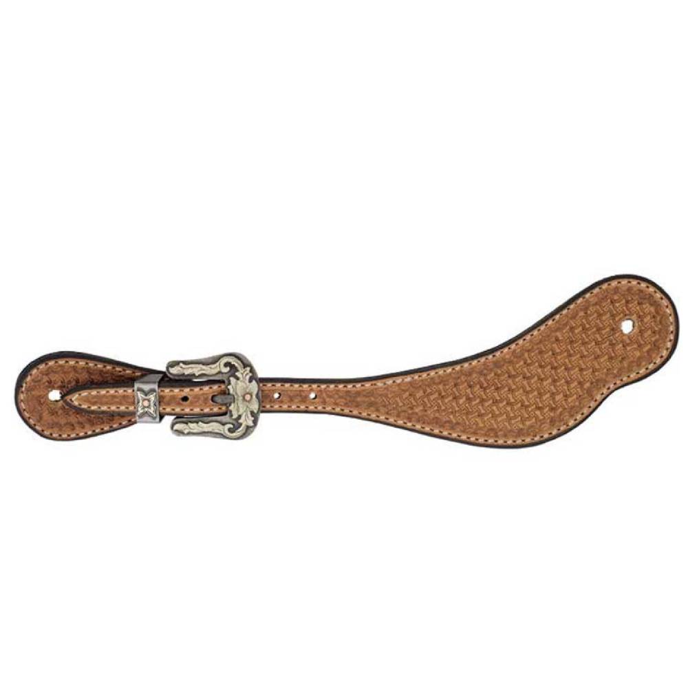 Youth Golden Leather Spider Stamp Cowboy Spur Straps with New Mexico Buckle Tack - Bits, Spurs & Curbs - Spur Straps COWBOY TACK   