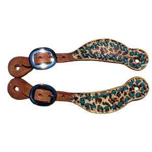 Teskey's Youth Shaped Harness Leather Spur Straps w/ Exotic Print and Buck Stitch  Teskey's Turquoise  