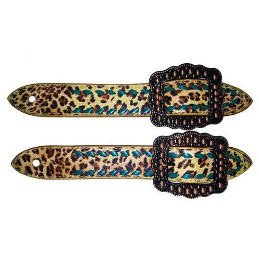Teskey's Cheetah and Teal Buckstitch Spur Straps Tack - Spur Straps Teskey's   