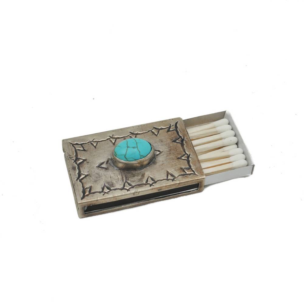 J. Alexander Small Stamped Matchbox Cover W/ Turquoise HOME & GIFTS - Home Decor - Decorative Accents J. ALEXANDER RUSTIC SILVER   