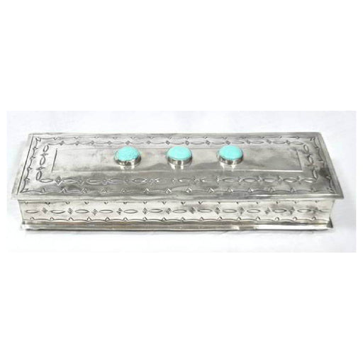 J. Alexander Long Stamped Box W/ 3 Turquoise Stones HOME & GIFTS - Home Decor - Decorative Accents J. ALEXANDER RUSTIC SILVER   