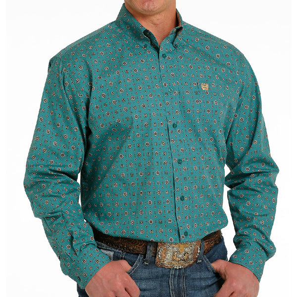 Green floral pattern print long sleeve button shirt