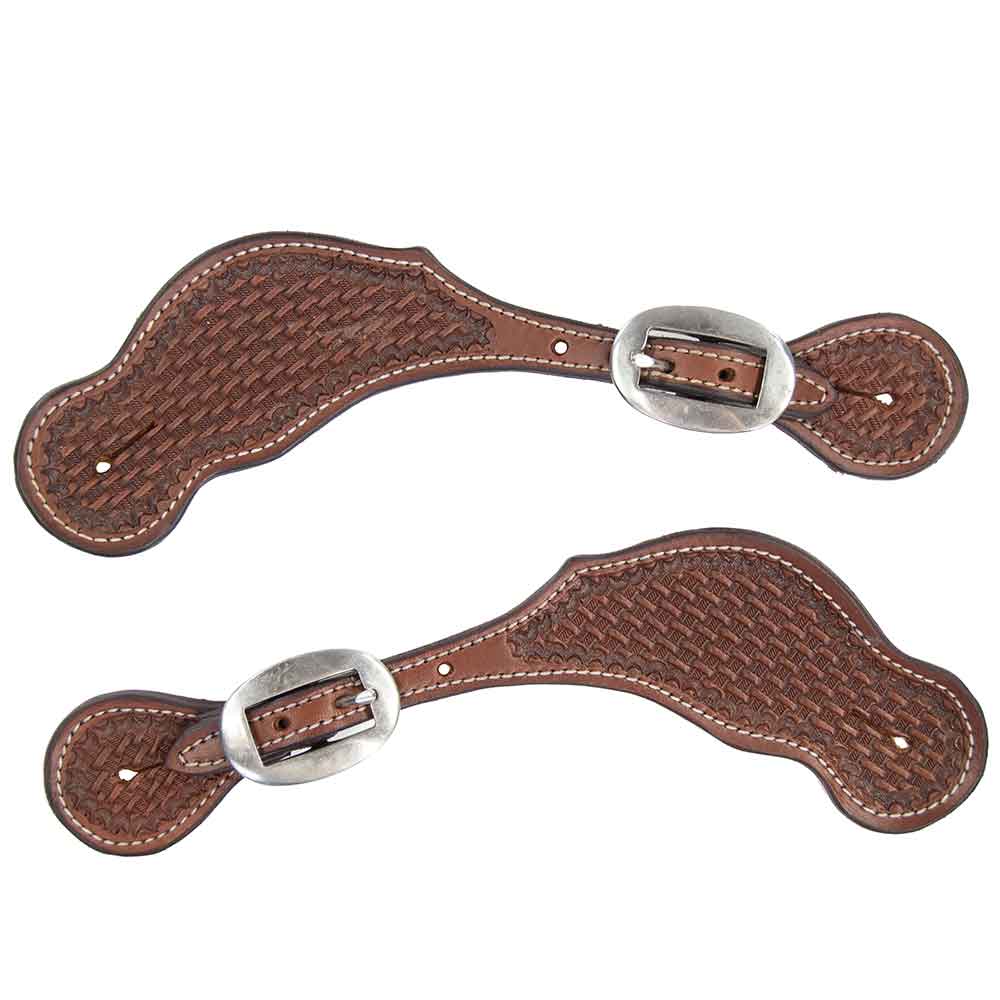 Teskey's Basket Weave Spur Straps with Shell Border & White Stitching