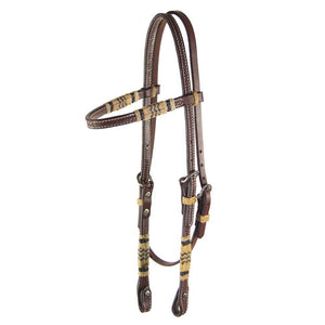 Teskey's Basket Stamped Browband Headstall with Rawhide Accents Tack - Headstalls Teskey's Heavy Oil  