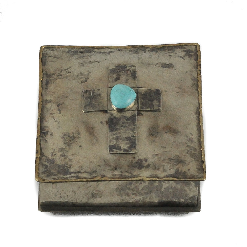 J. Alexander Dimpled Box w/Cross and Turquoise Stone HOME & GIFTS - Home Decor - Decorative Accents J. Alexander Rustic Silver   