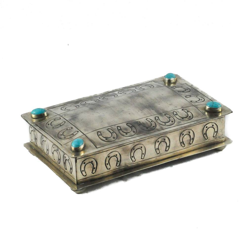 J. Alexander Stamped Horseshoe Box w/ Turquoise HOME & GIFTS - Home Decor - Decorative Accents J. Alexander Rustic Silver   