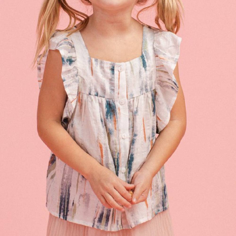 Girl's Water Color Print Square Neckline Blouse KIDS - Girls - Clothing - Tops - Short Sleeve Tops ODDI CLOTHING   