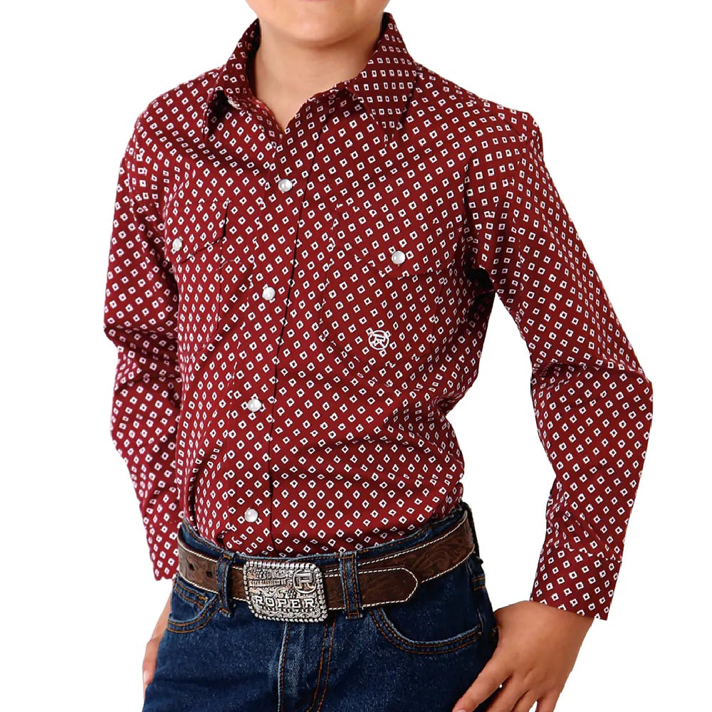 Roper Boy's Pearl Snap  Diamond Print Shirt - Wine KIDS - Boys - Clothing - Shirts - Long Sleeve Shirts Roper Apparel & Footwear   