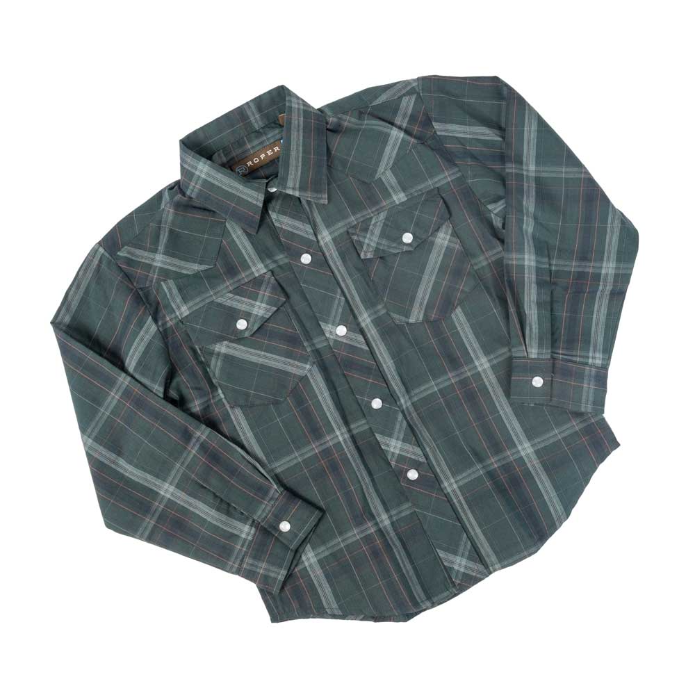 Roper Boy's Pearl Snap Western Shirt - Forest Green/Navy Plaid KIDS - Boys - Clothing - Shirts - Long Sleeve Shirts Roper Apparel & Footwear   